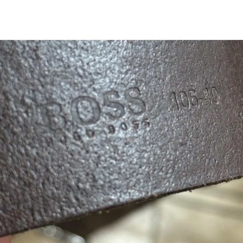 VTG 90s Hugo Boss Embossed Leather Belt Brown Logo Print Silver Buckle Sz 105-40